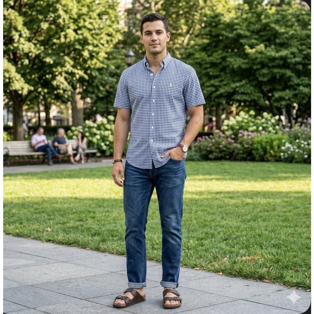 Ralph Lauren Blue/White Gingham Check Yellow Pony Button Down Classic Fit SS XL